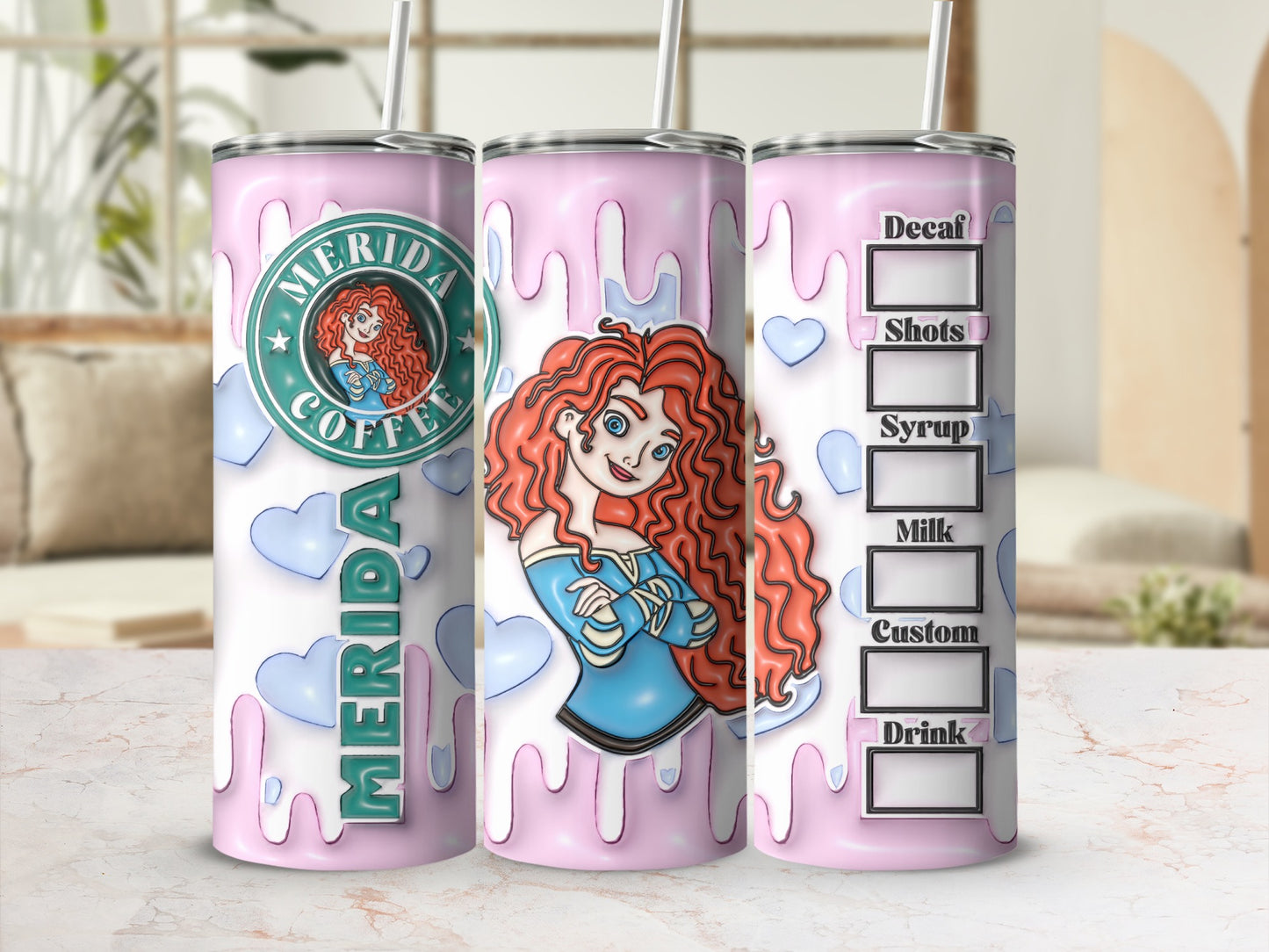 Merida Coffee Design Tumbler with Hearts and Custom Options