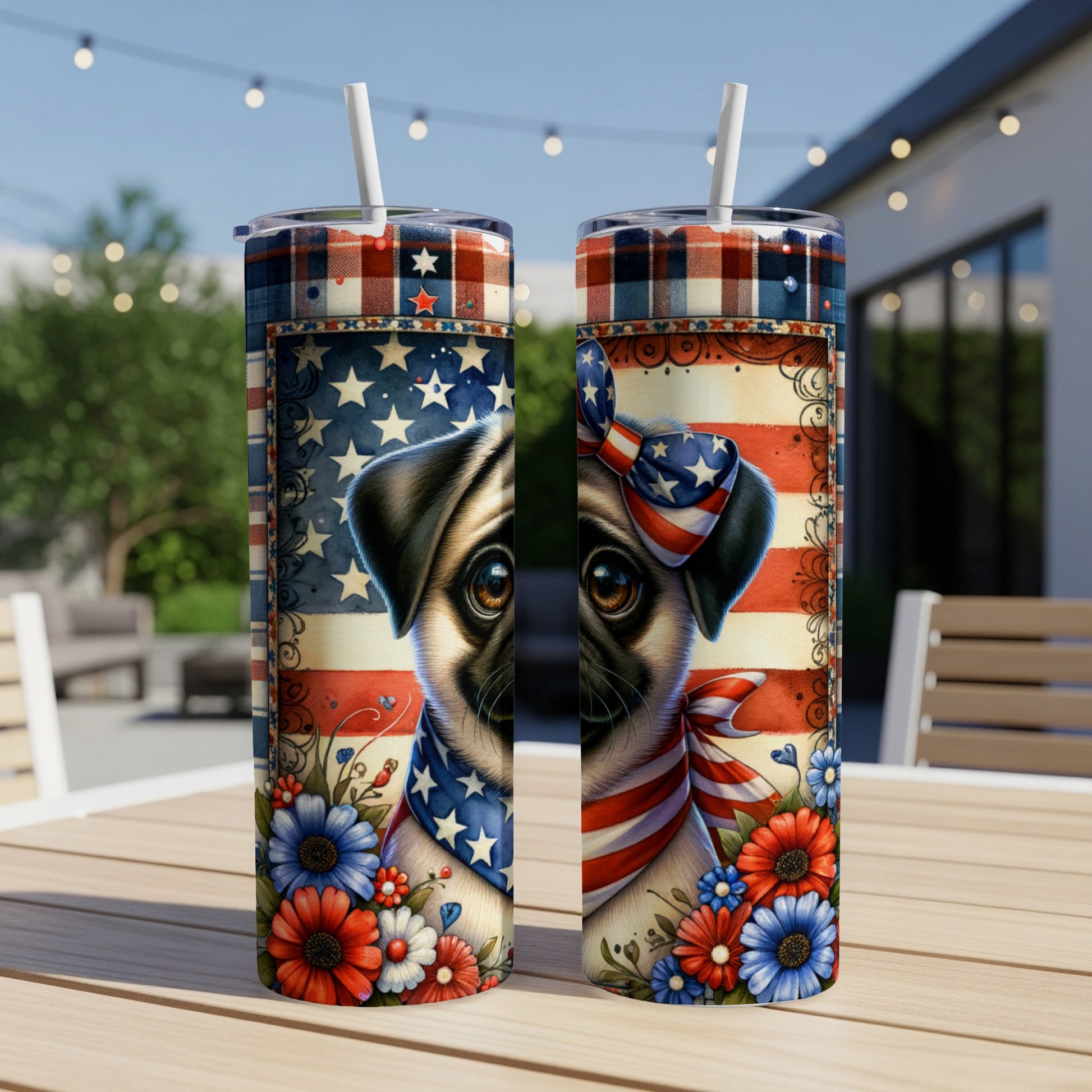 Pug wearing patriotic bandana and bow on American flag background.
