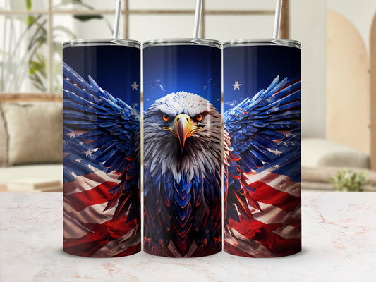 Eagle with American flag wings on a cylindrical tumbler.