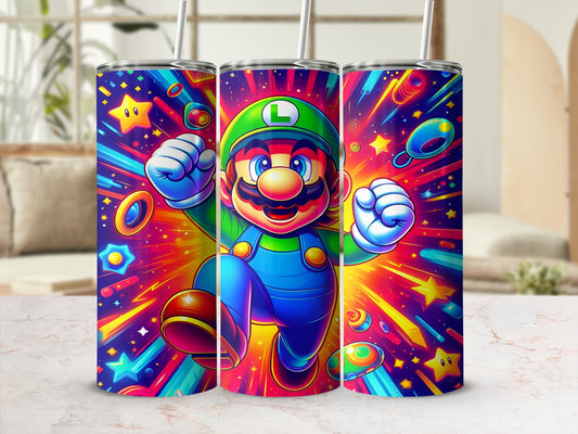 Luigi from Super Mario running amidst colorful stars and cartoon-style graphics.