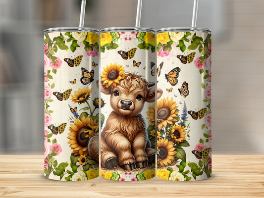 Cute Highland Cow Floral Butterfly Tumbler Cup