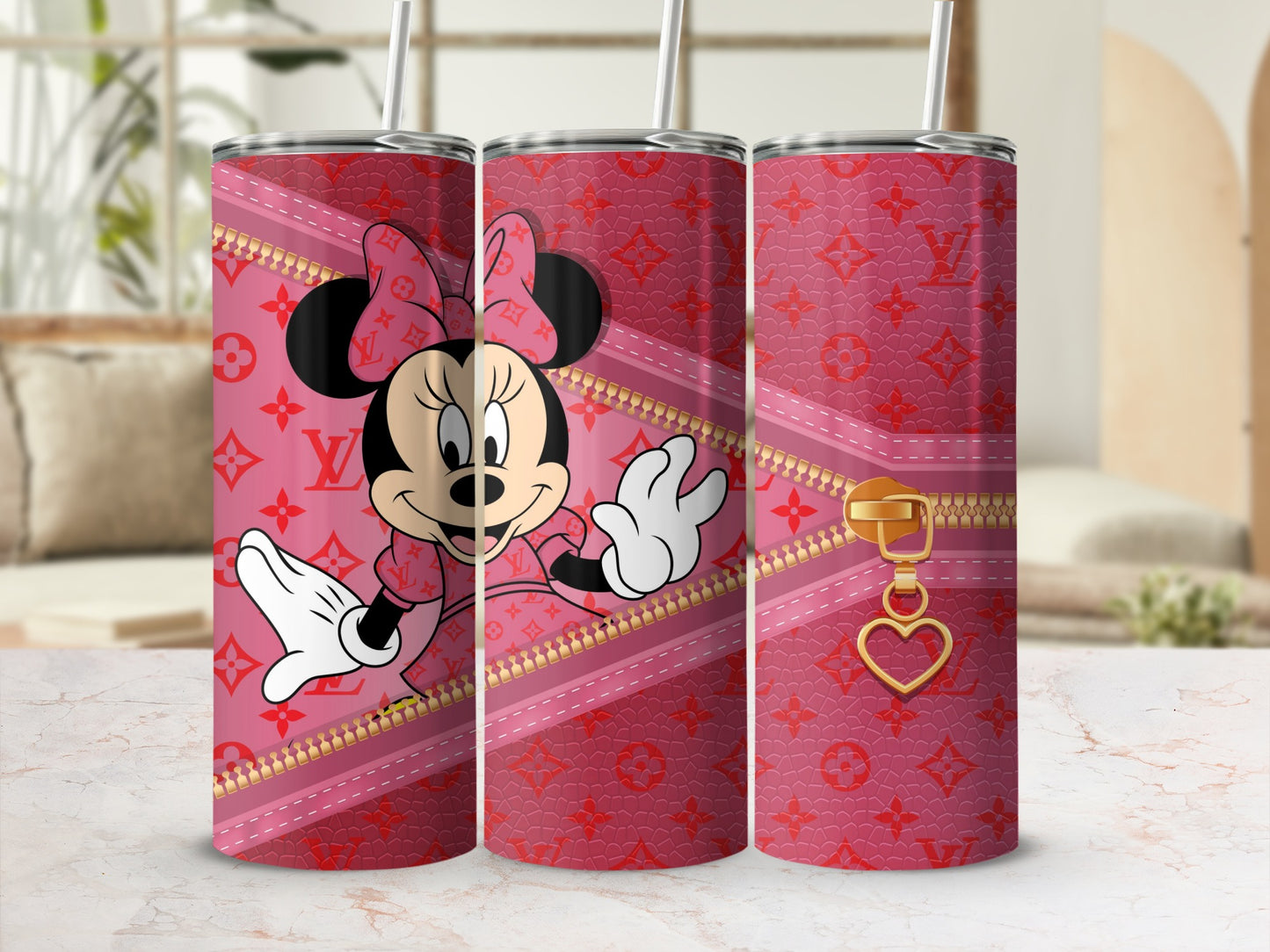 Minnie Mouse Pink Zipper Design Stainless Steel Tumbler