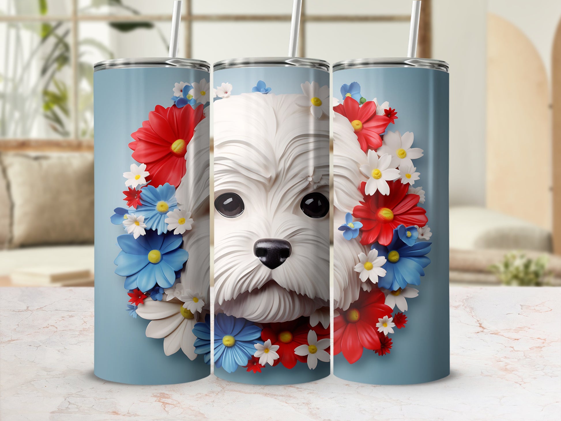 Maltese dog surrounded by red, white, and blue flowers on a light blue tumbler.