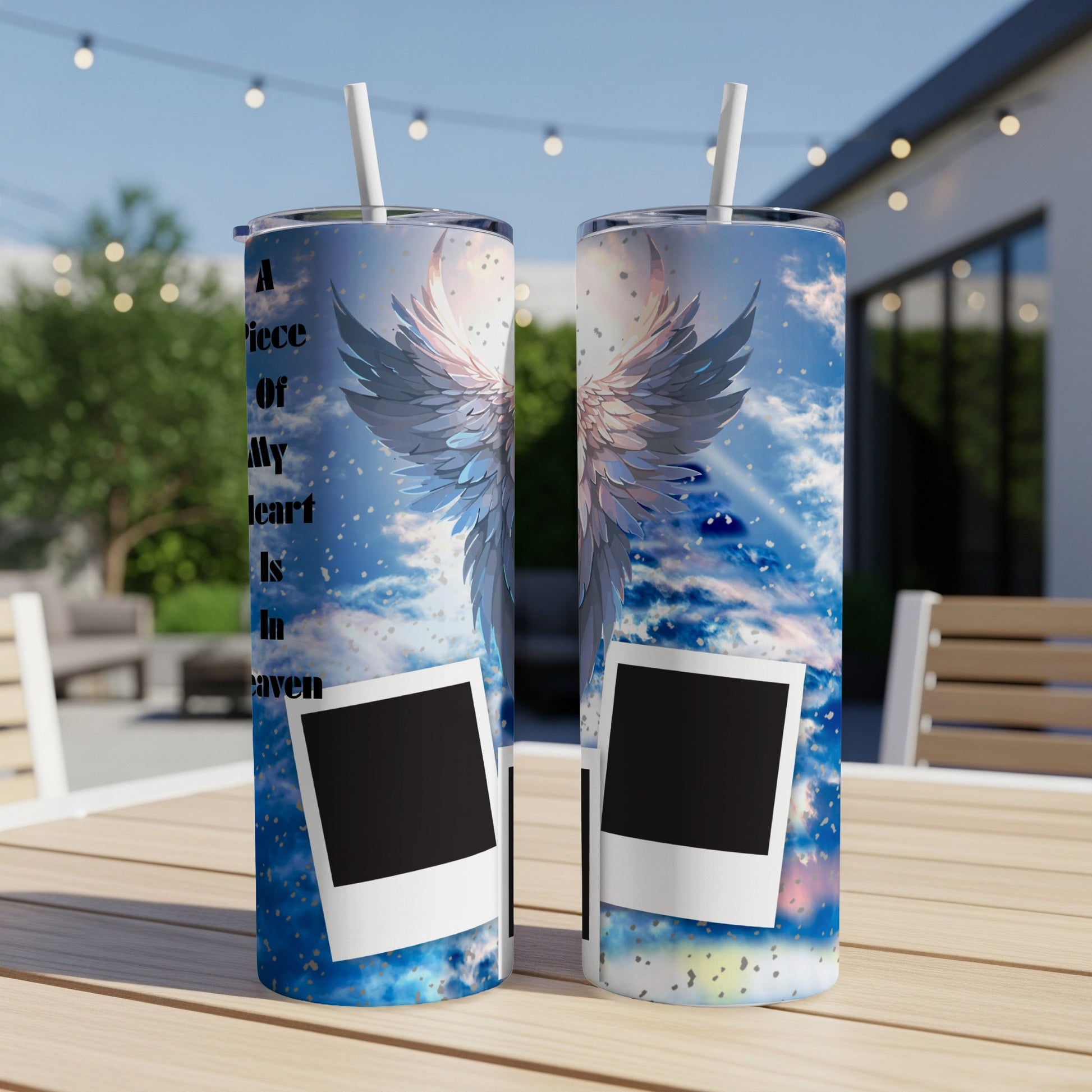 Two tumblers with angel wings design and text "A Piece Of My heart Is In Heaven".