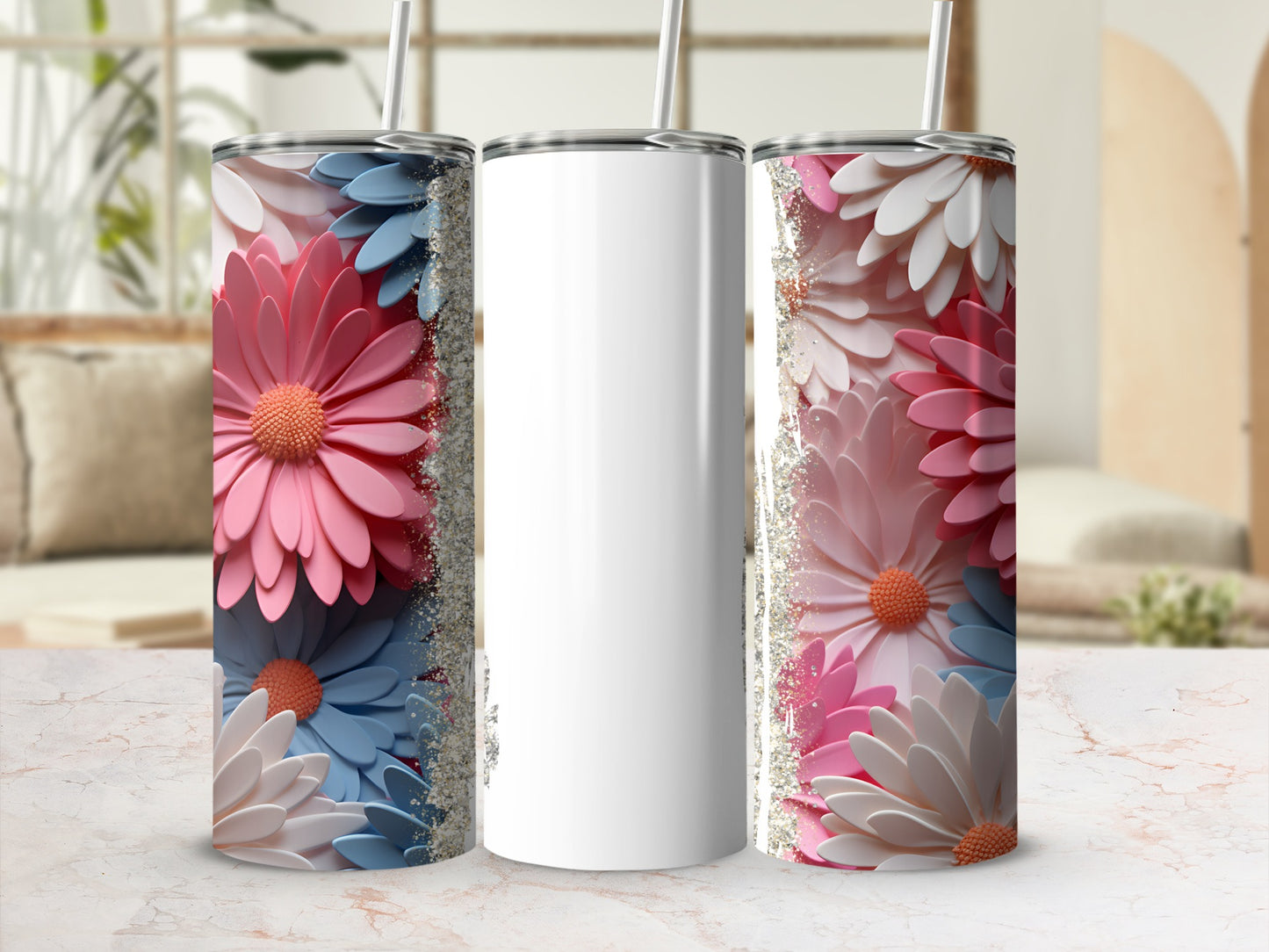 White tumbler with pink, blue, and white floral pattern and glitter.