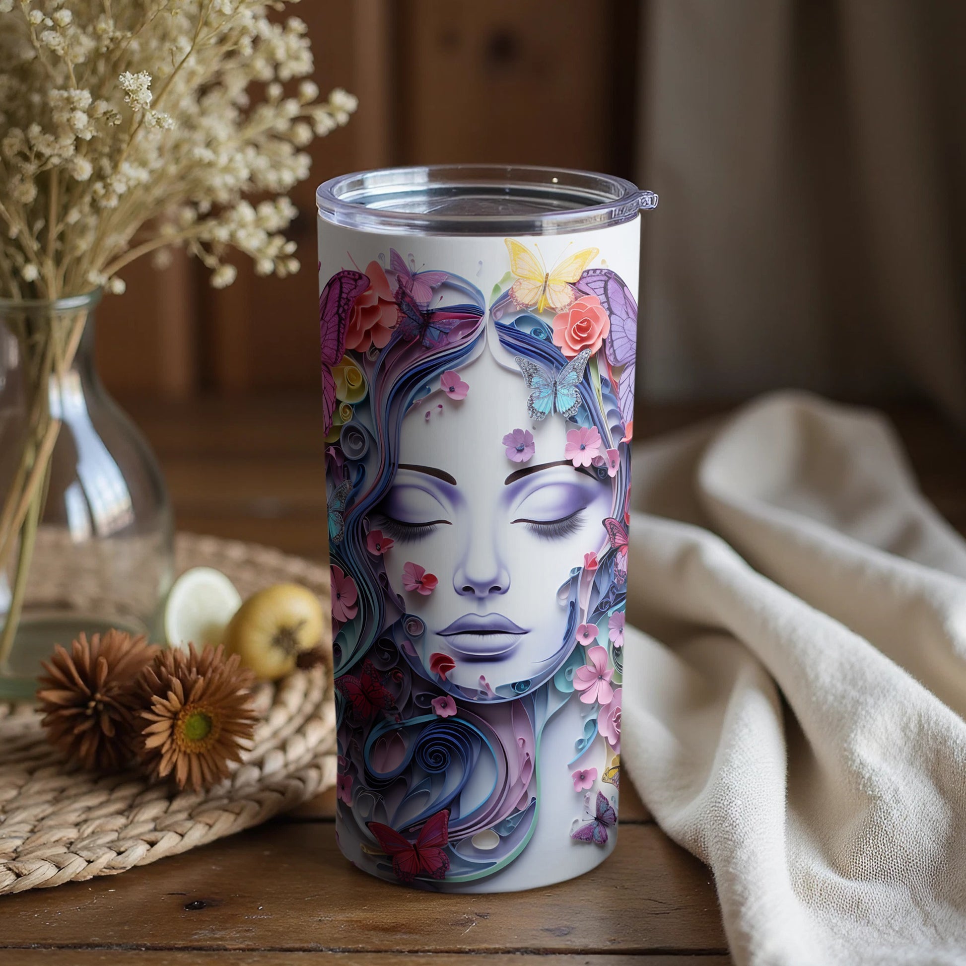 Floral and Butterfly Face Design Insulated Tumbler