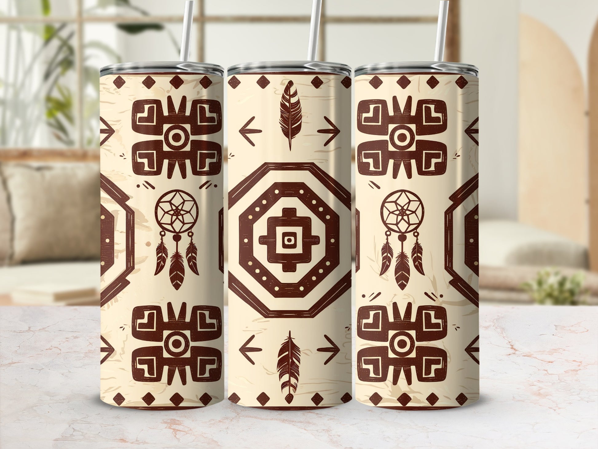 Three tumblers with a tribal pattern and dreamcatcher motifs.