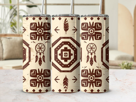 Three tumblers with a tribal pattern and dreamcatcher motifs.