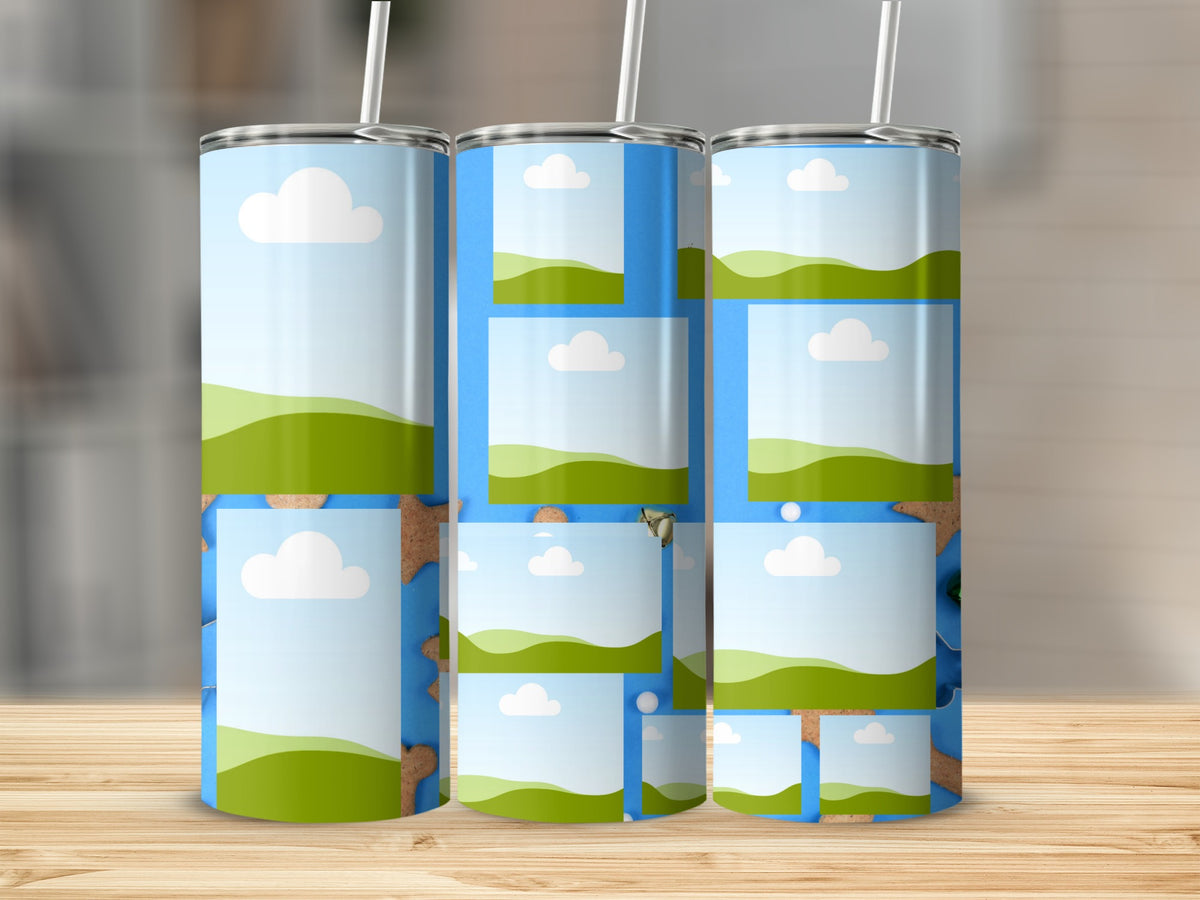 Three tumblers with sky, clouds, and green rolling hills design.