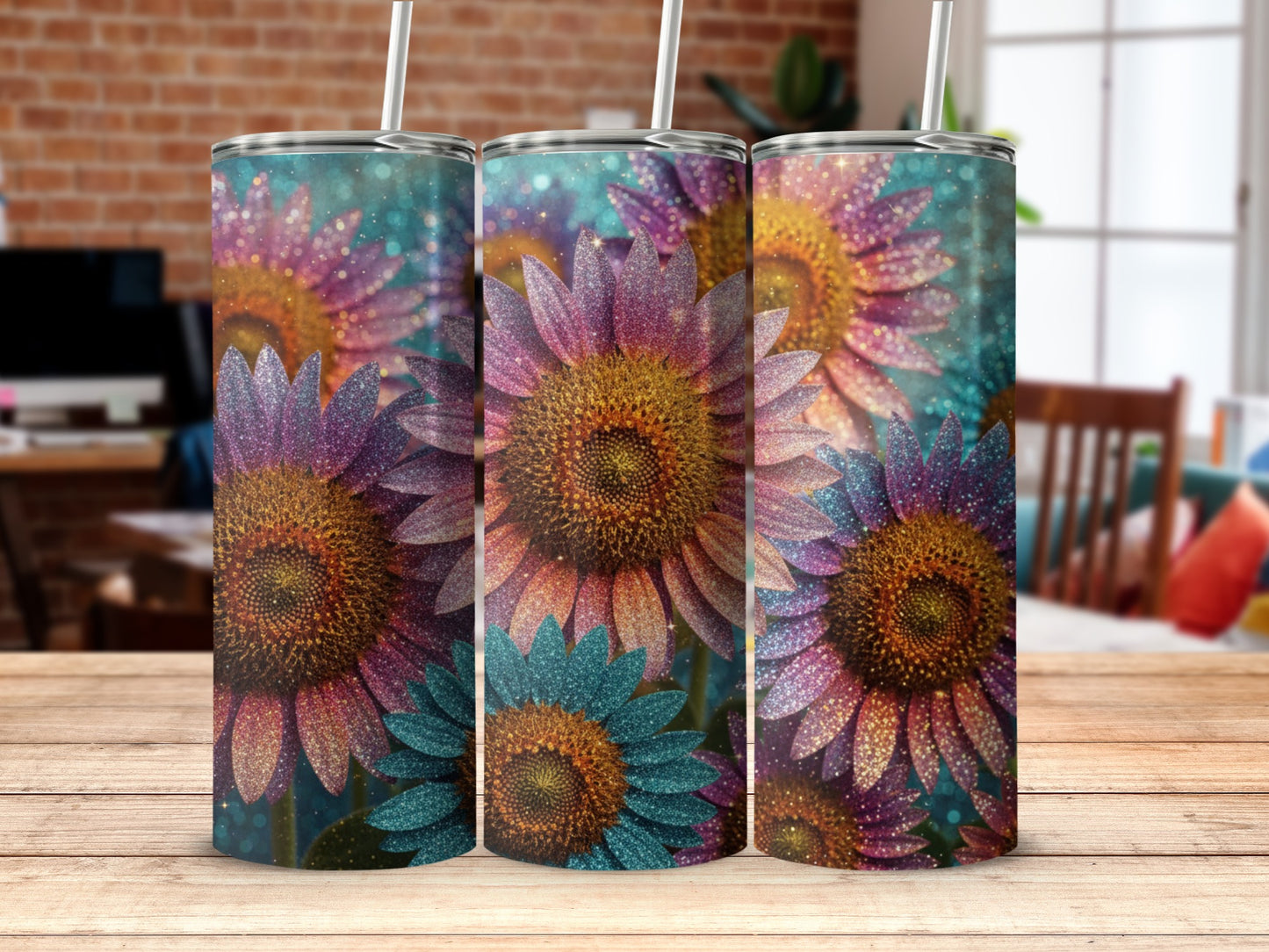 Colorful Glittering Sunflowers Design Skinny Tumbler