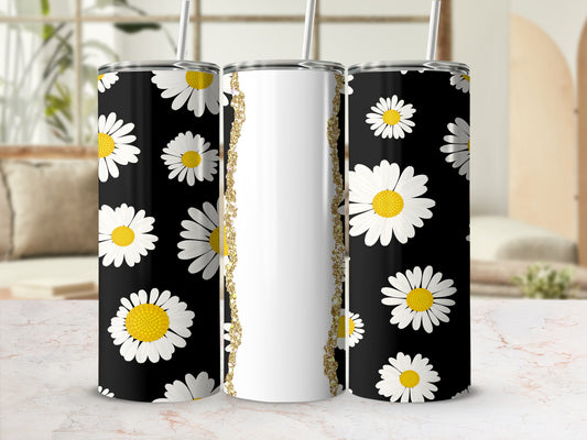 Black tumbler with white daisies and gold glitter stripe.