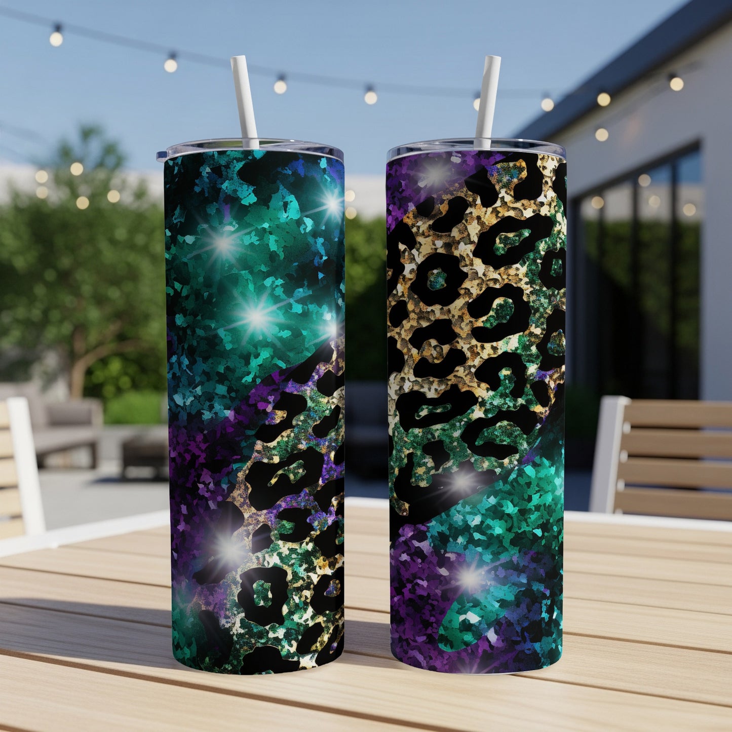 Two tall tumblers with leopard print and glittery teal and purple designs.