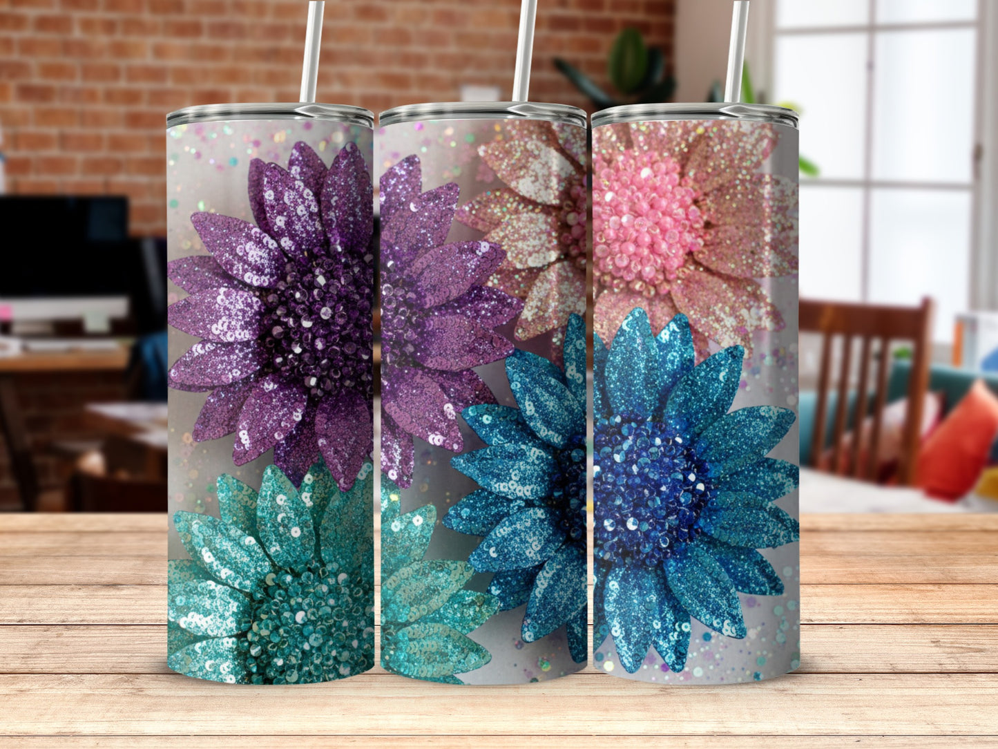 Glittery Floral Design Tumbler Cups with Large Flowers