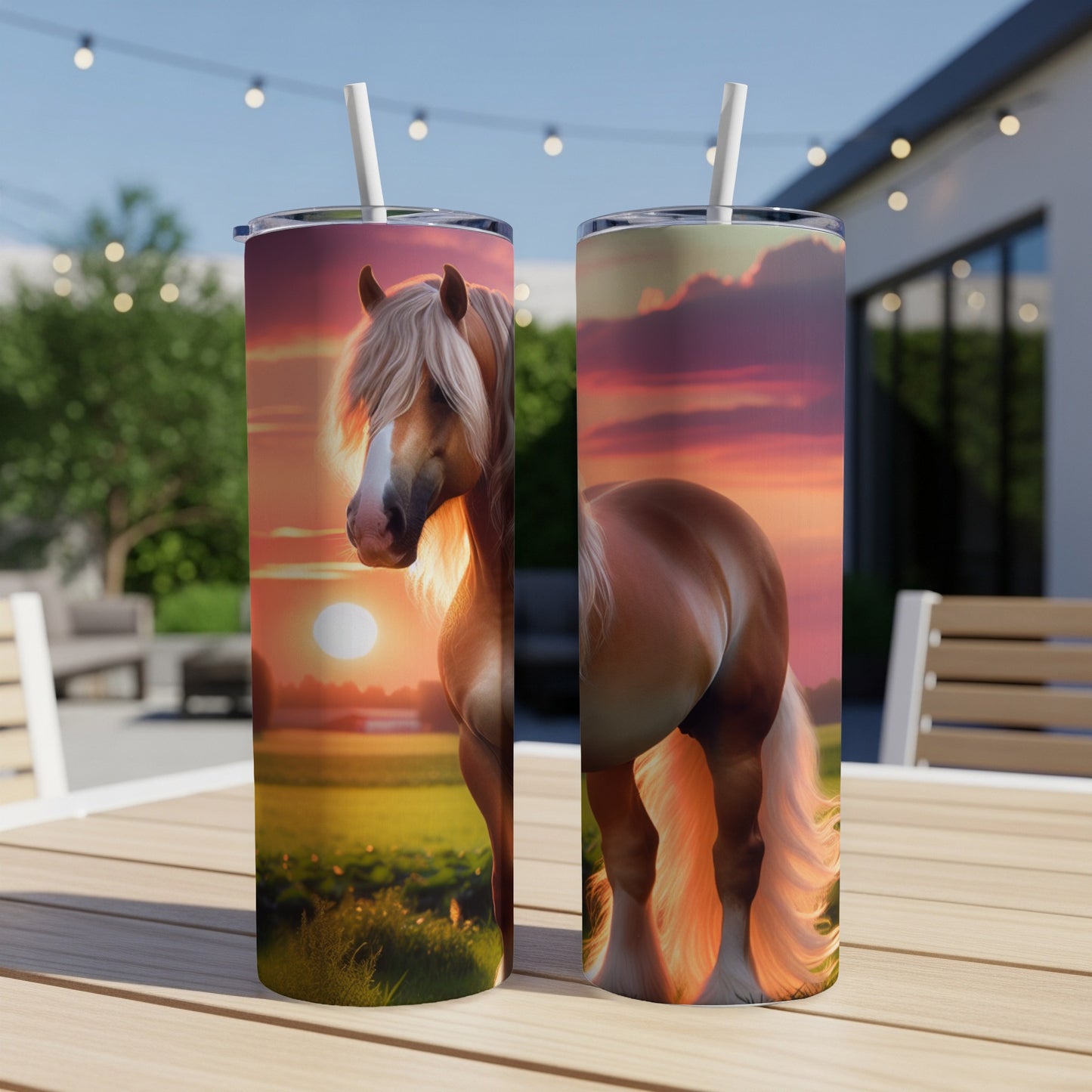 Horse on tumbler against sunset backdrop with rural scene.