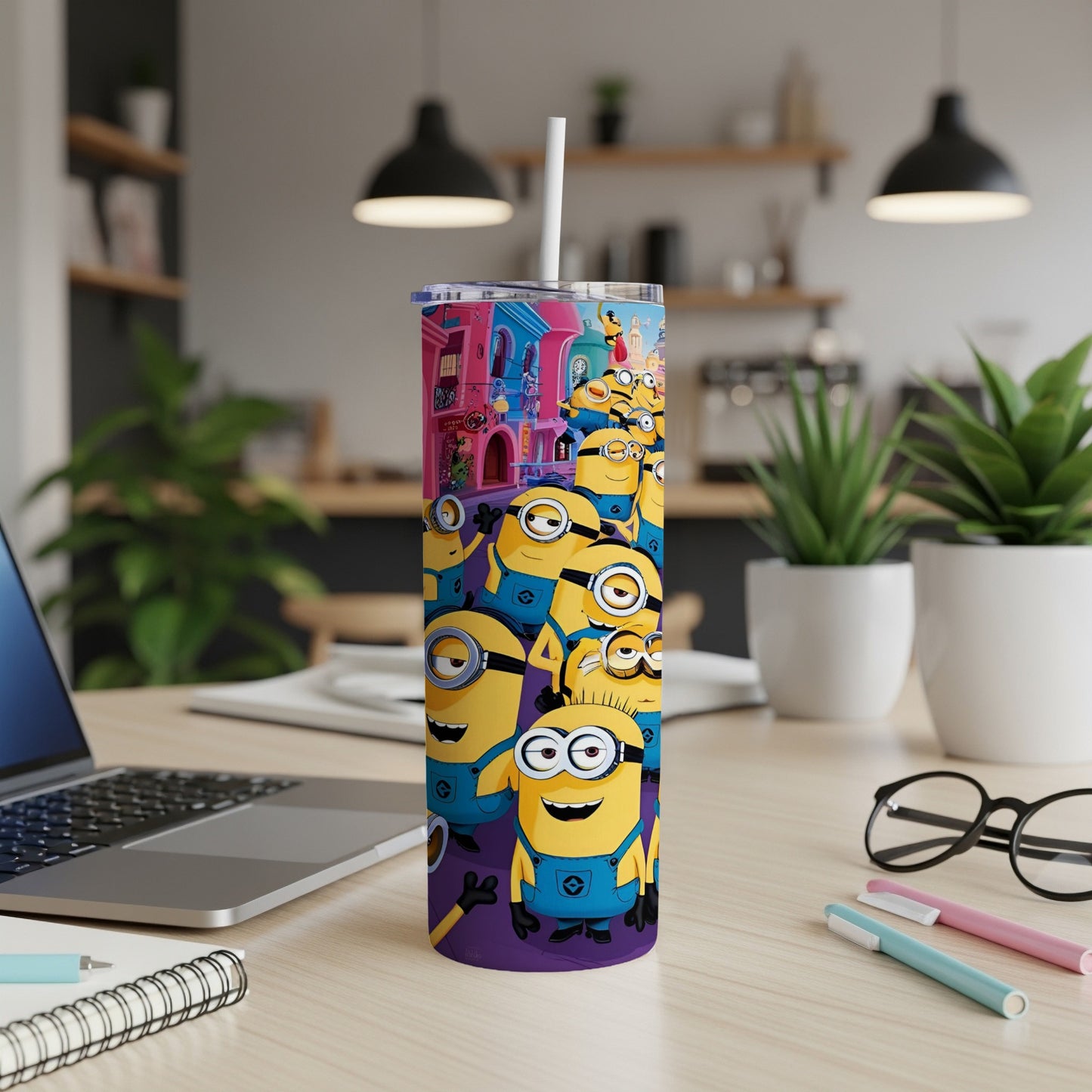 Minions characters scattered on a purple background with a city scene.