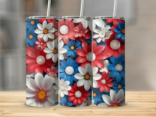 Three tumblers with red, white, and blue floral designs.
