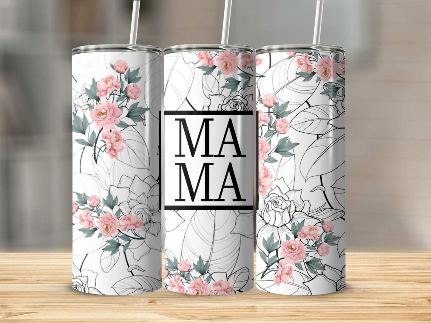 Mama tumbler with pink floral and leaf pattern