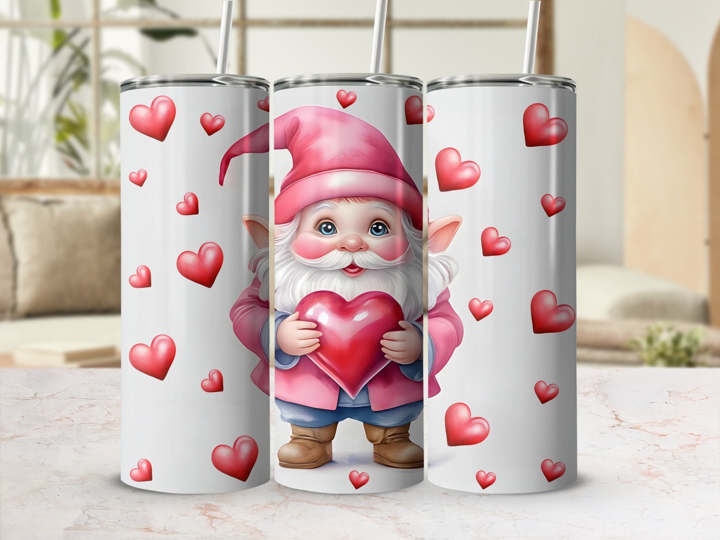White tumbler with cartoon gnome holding a heart, surrounded by red hearts.