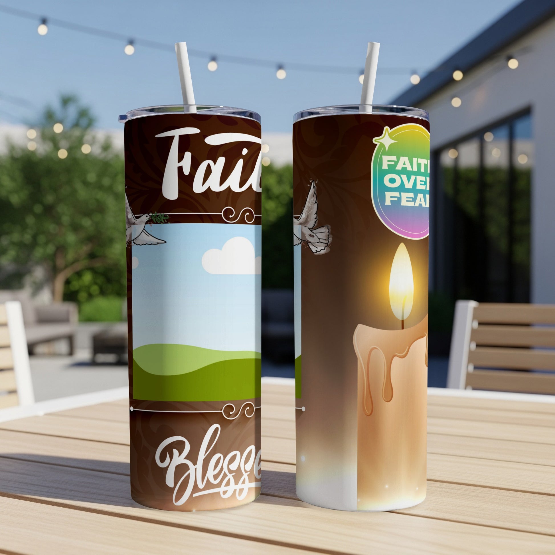Two tumblers on a table: one with "Faith" and a dove, the other with a candle and "Faith Over Fear."