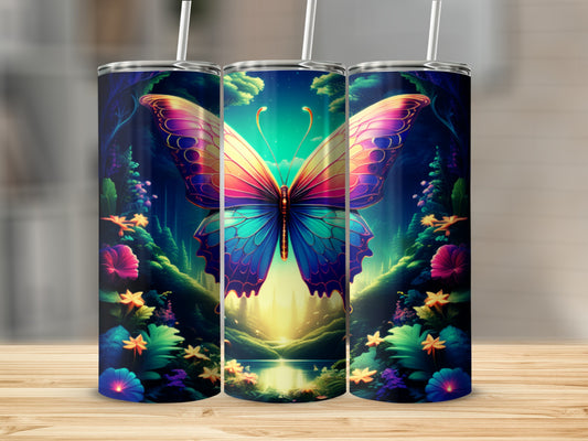 Fantasy butterfly design on a skinny tumbler with floral and nature elements.
