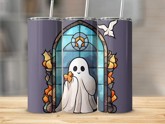 Ghost in stained glass window with flames and dove.