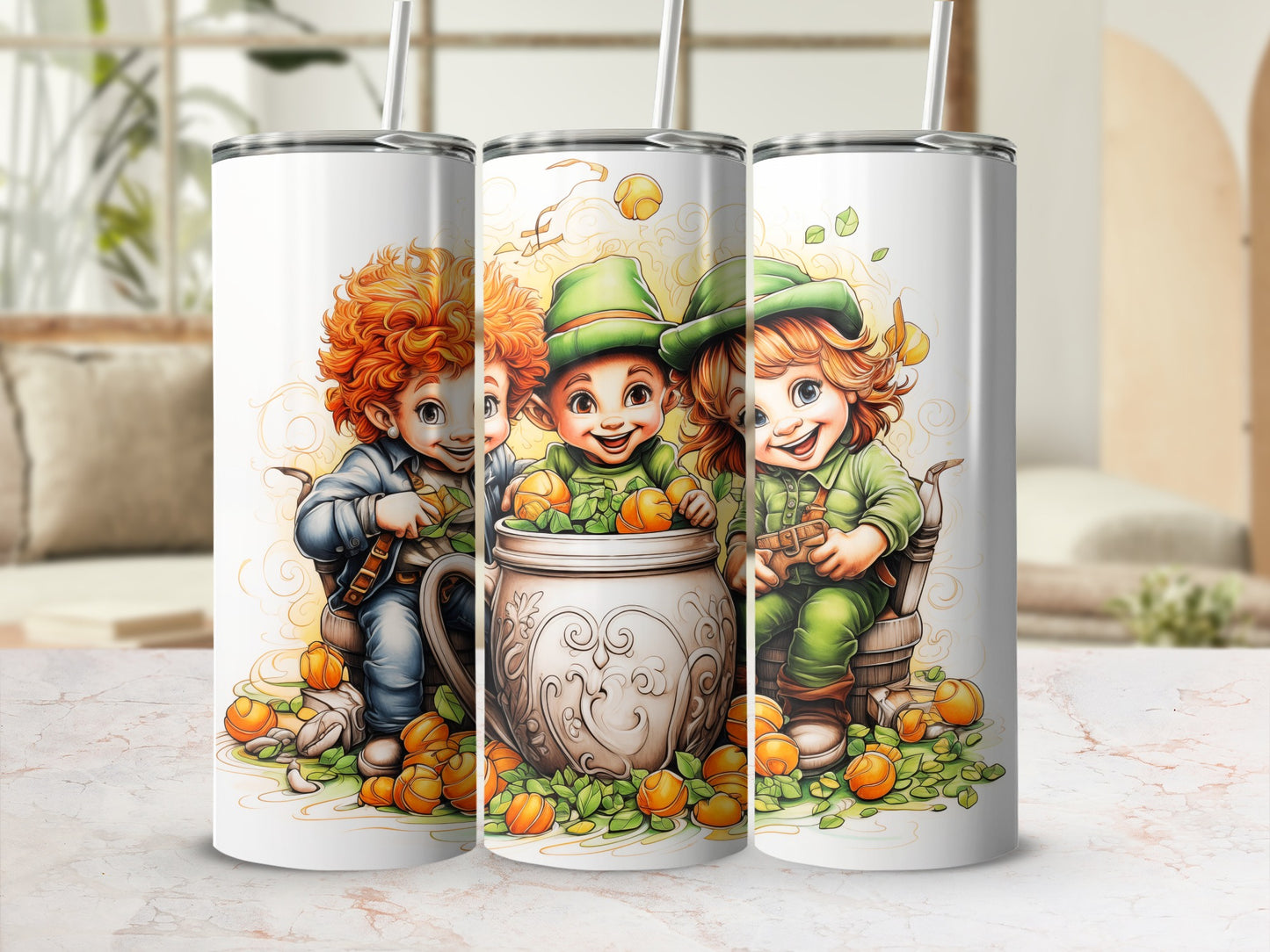 Three cartoon leprechauns peeking from a decorative pot of gold.