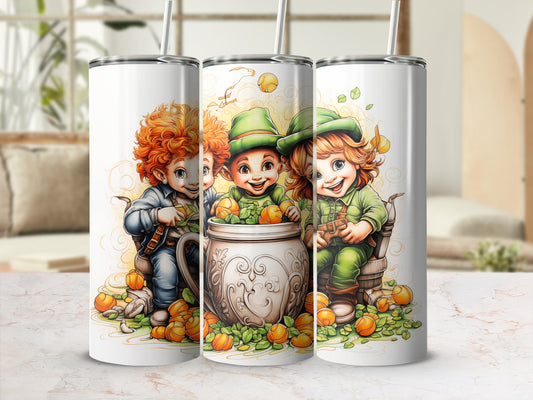 Three cartoon leprechauns peeking from a decorative pot of gold.