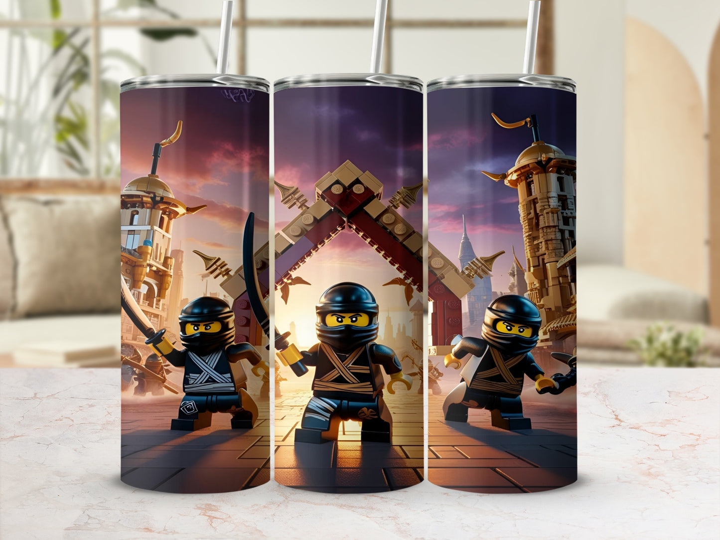 Three Lego ninja figures stand in front of a golden Lego temple facade.