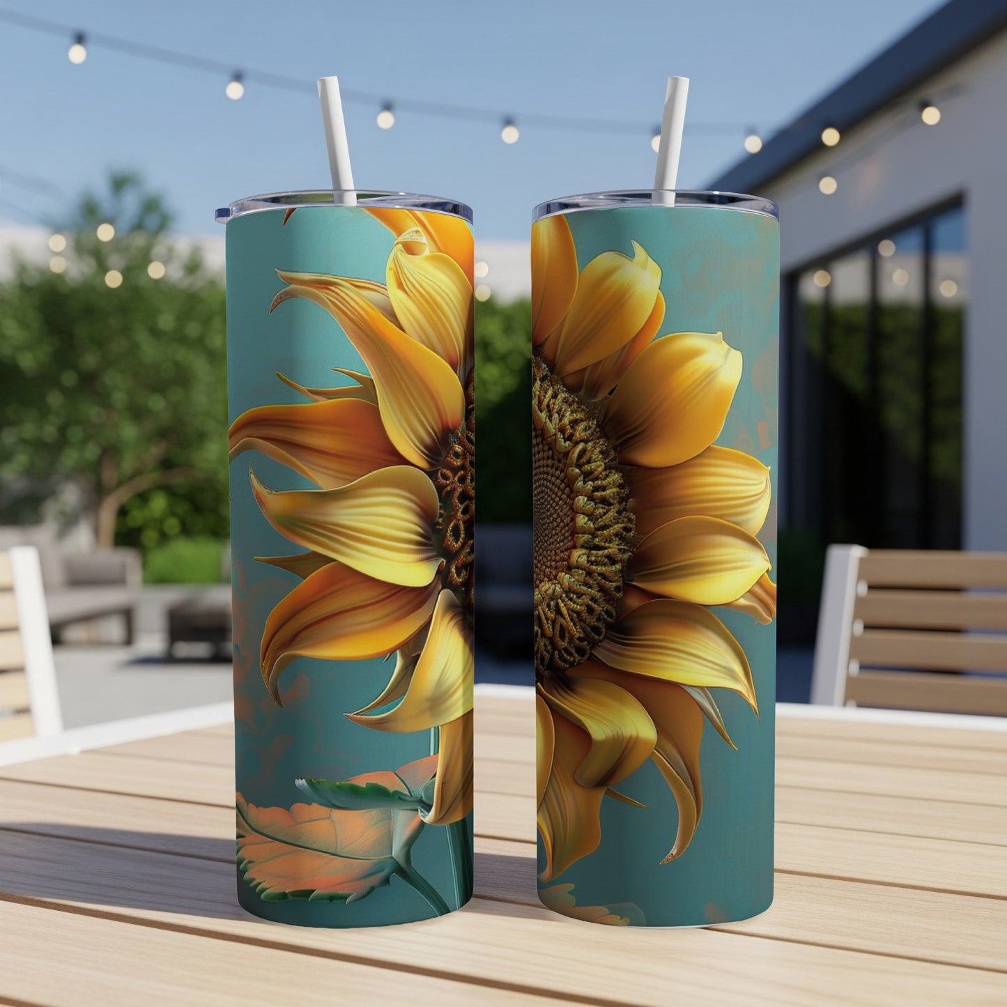 Two tumblers featuring a large, detailed sunflower illustration against a teal background.