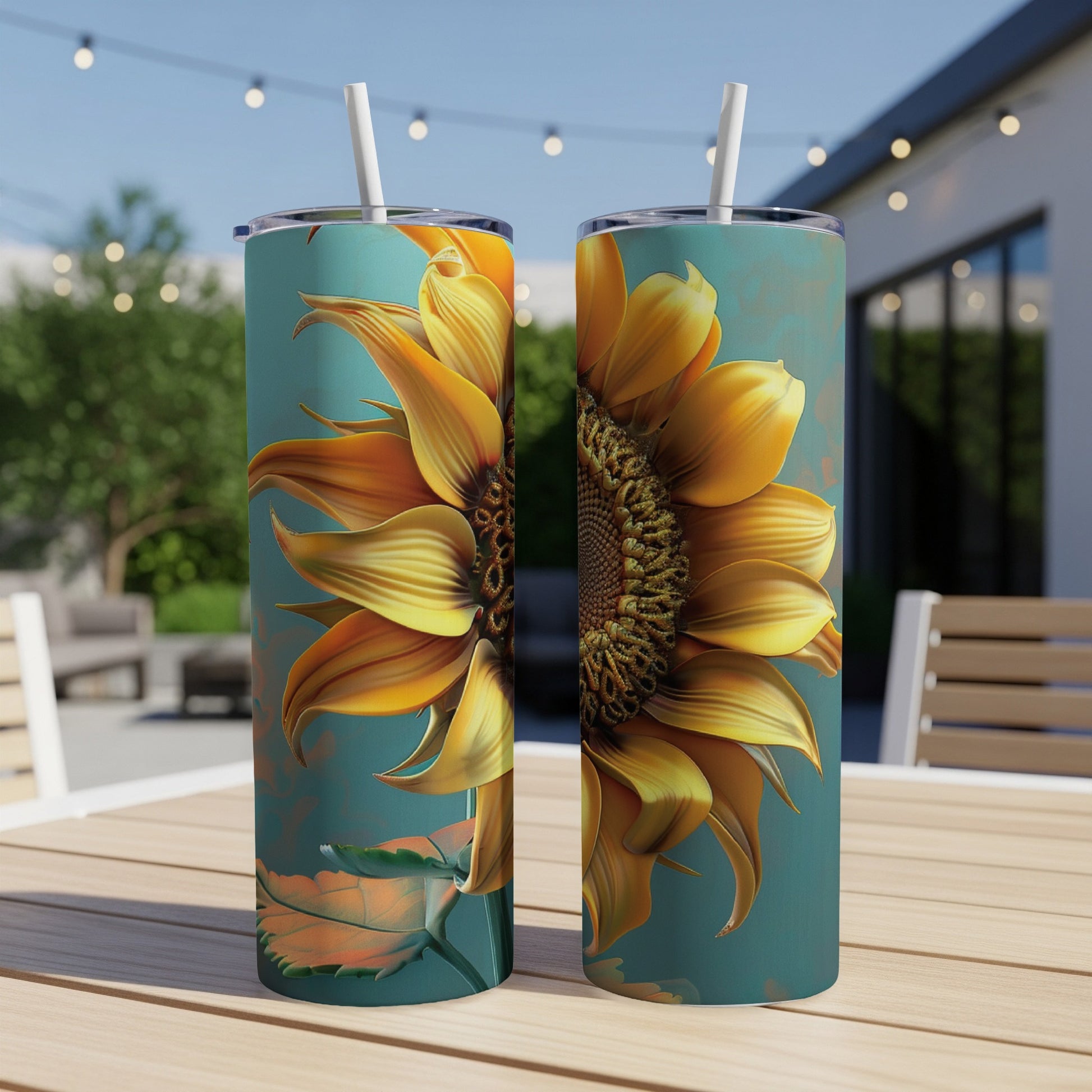 Two tumblers featuring a large, detailed sunflower illustration against a teal background.