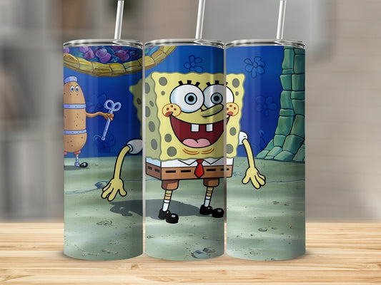 SpongeBob SquarePants character illustration on three tumblers.