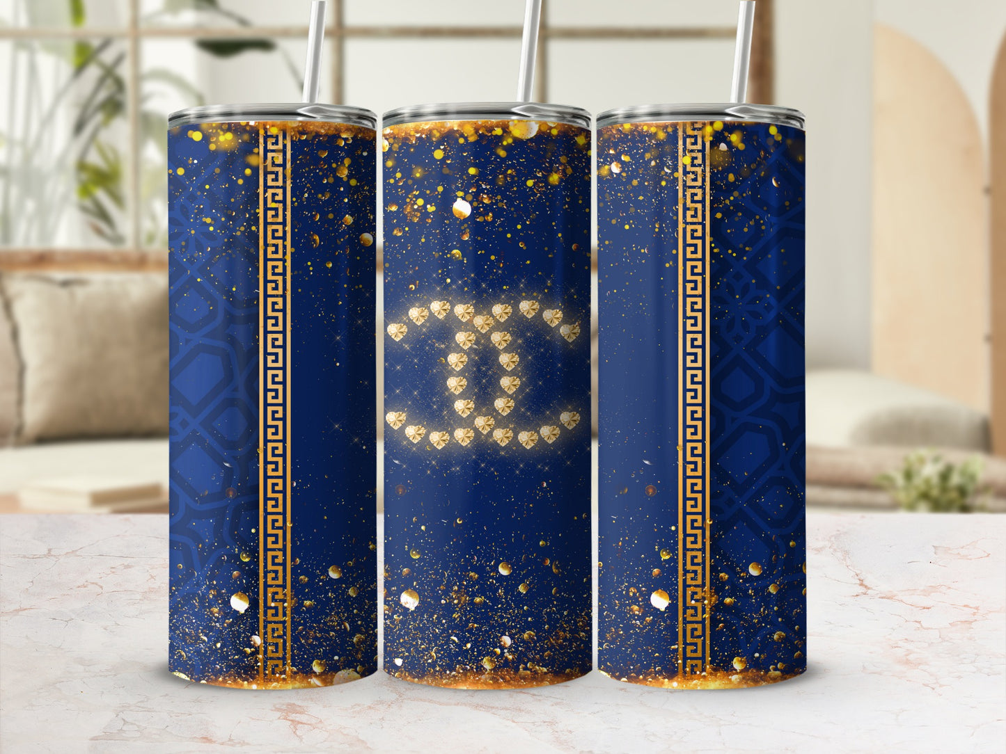 Luxurious Blue and Gold Tumbler with Glitter Design