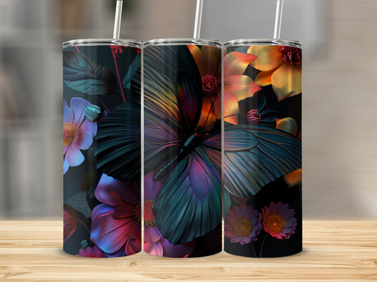 Tumbler with a dark background, butterfly, and colorful flowers.
