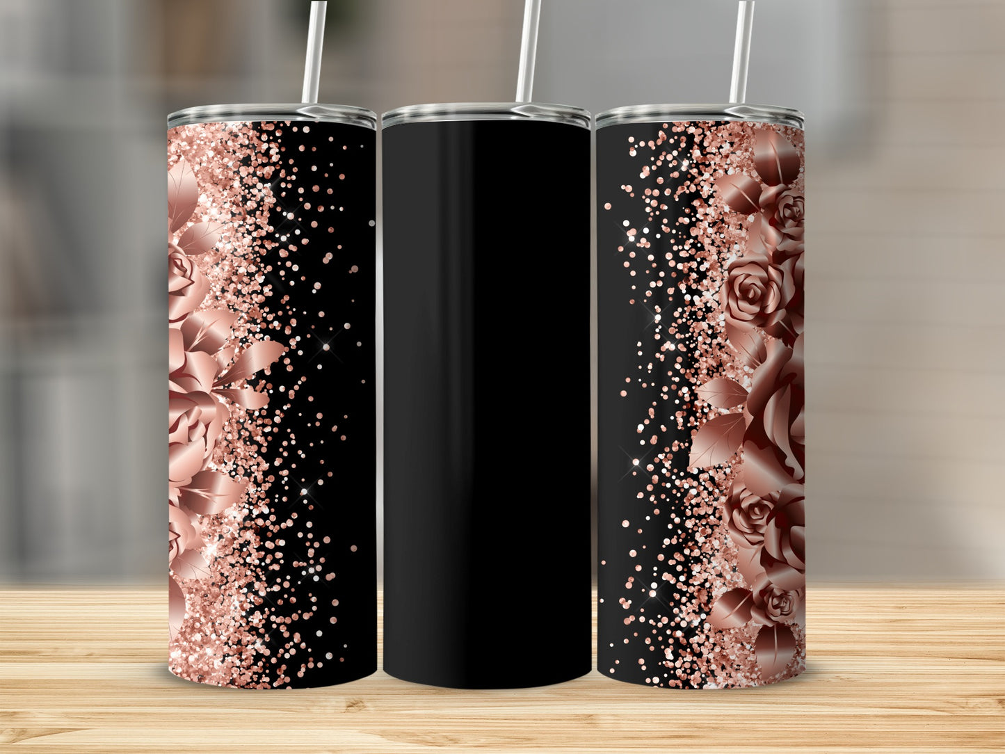 Black tumbler with rose and glitter accents on sides.