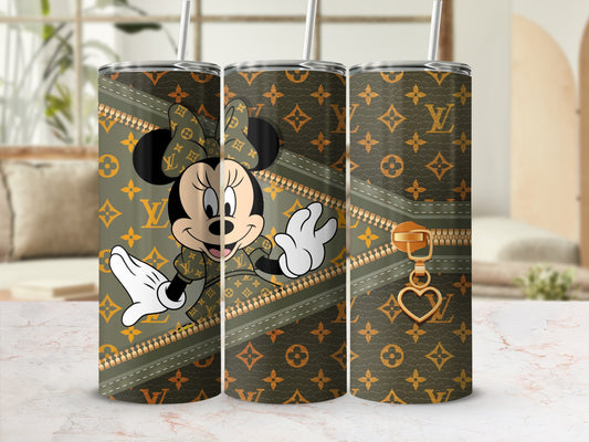 Minnie Mouse on a brown and gold monogrammed tumbler with a zipper design.