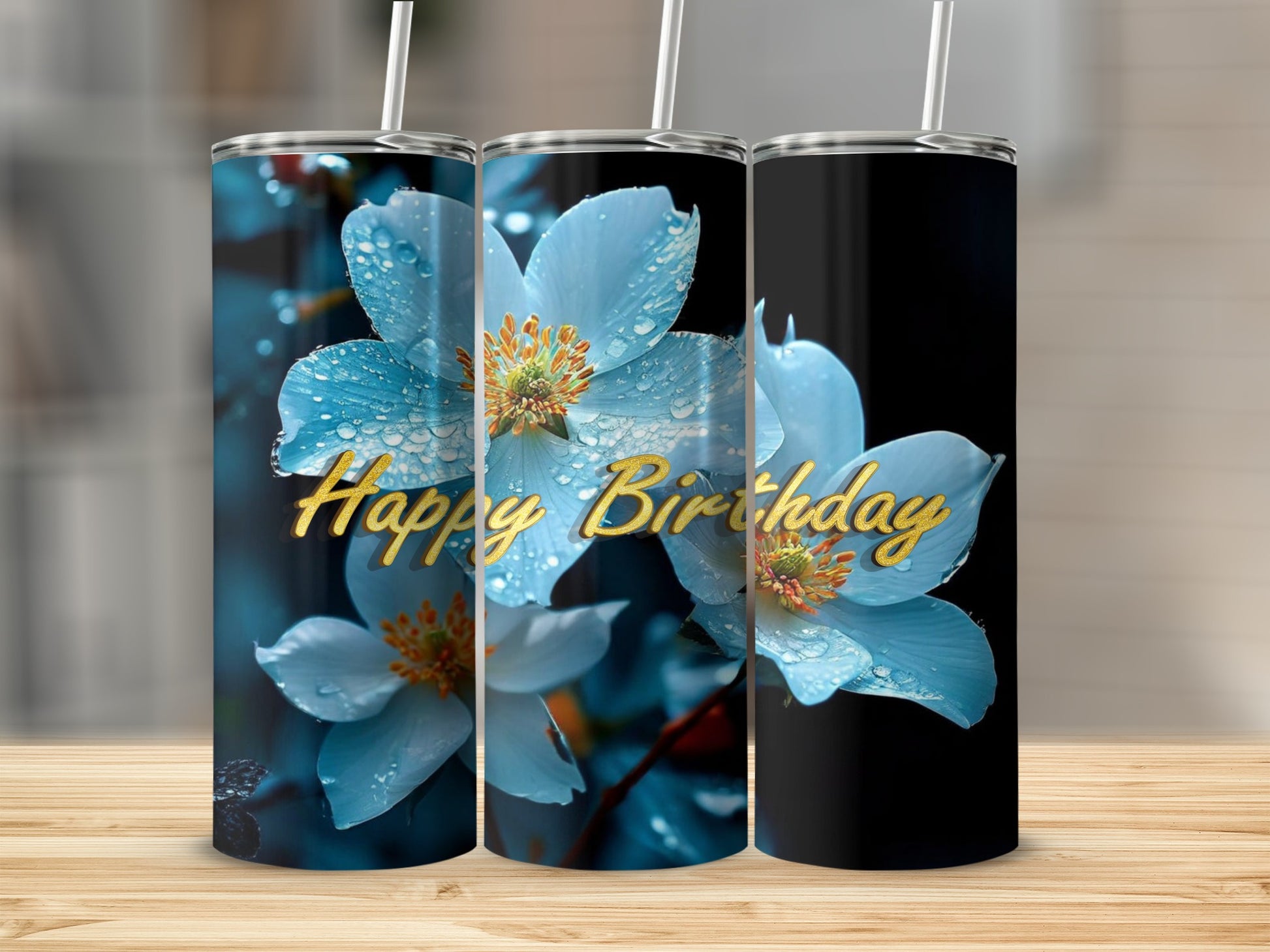 Blue flowers with golden "Happy Birthday" text on a tumbler.