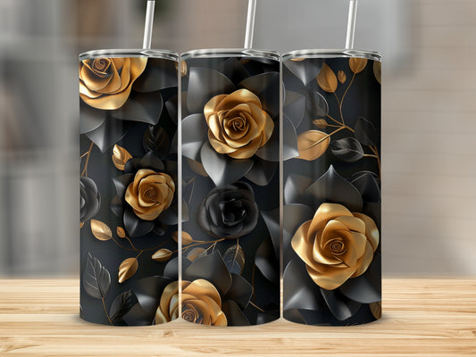 Three tumblers with black and gold floral designs on a wooden surface.