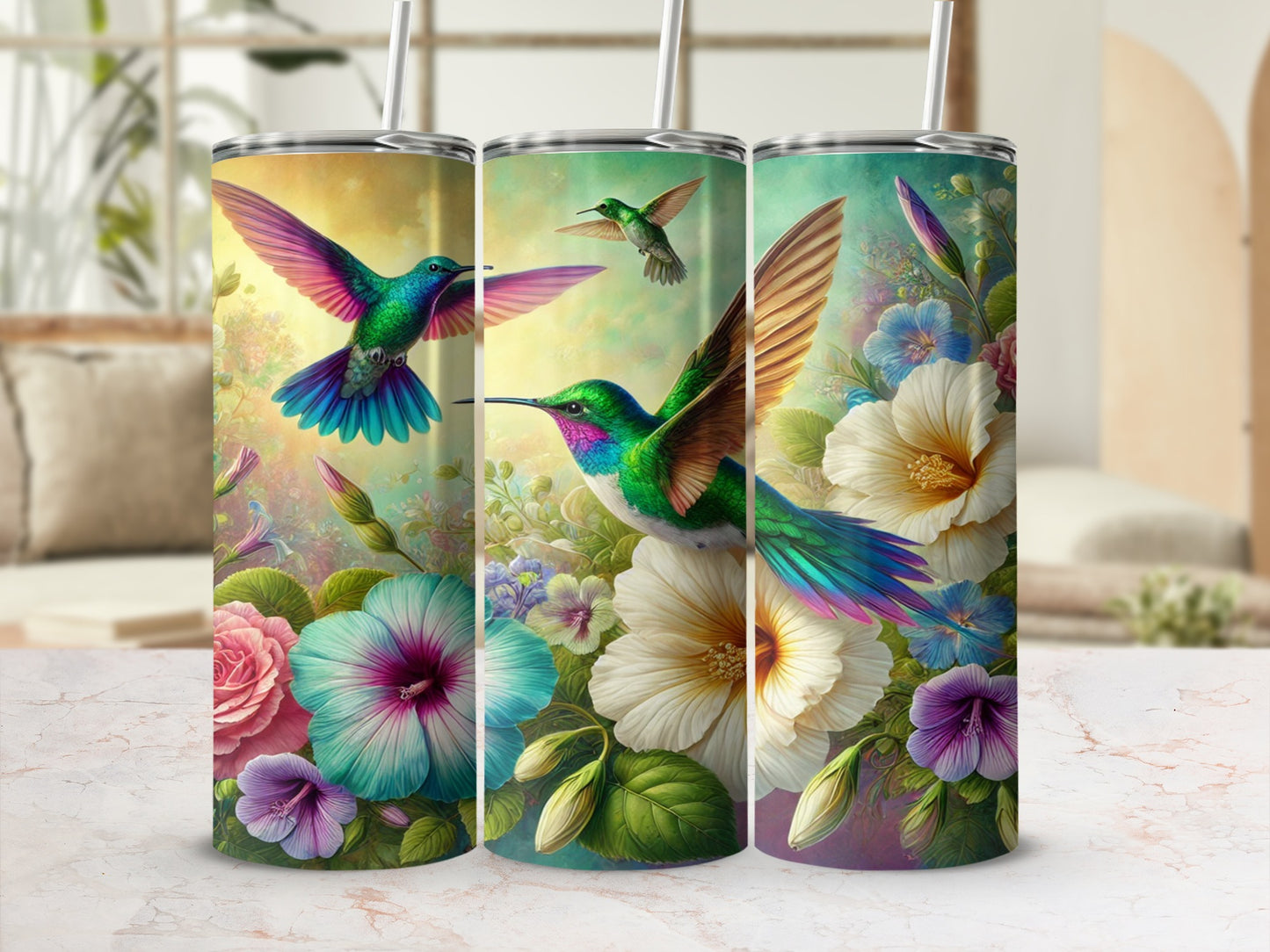 Vibrant Hummingbird and Floral Art Tumbler Collection