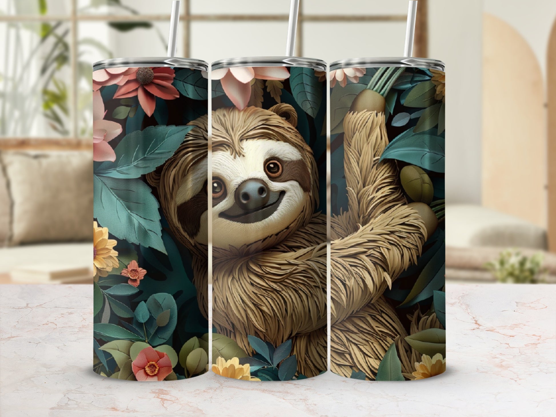 Sloth with flowers and leaves, close-up on tumbler.