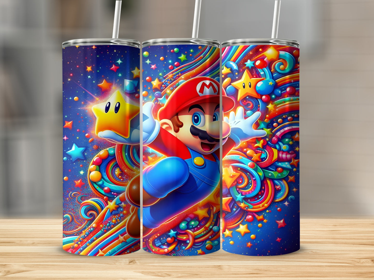 Super Mario in a colorful galaxy with stars and rainbows.