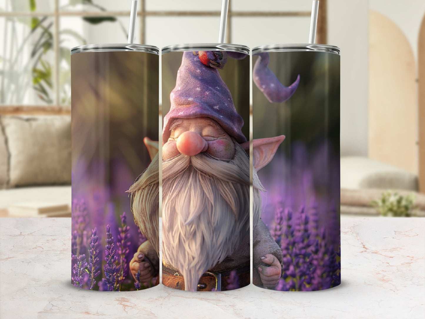 Three tumblers featuring a gnome with a purple hat and lavender flowers.