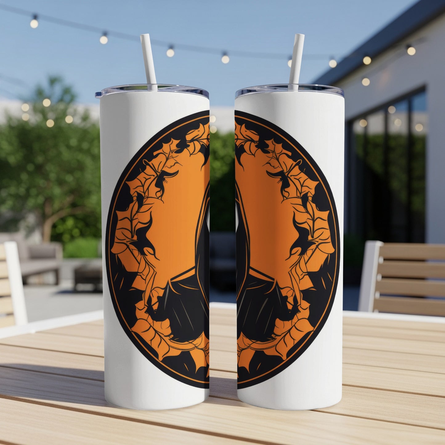 Two white tumblers with a black and orange Grim Reaper Halloween design.