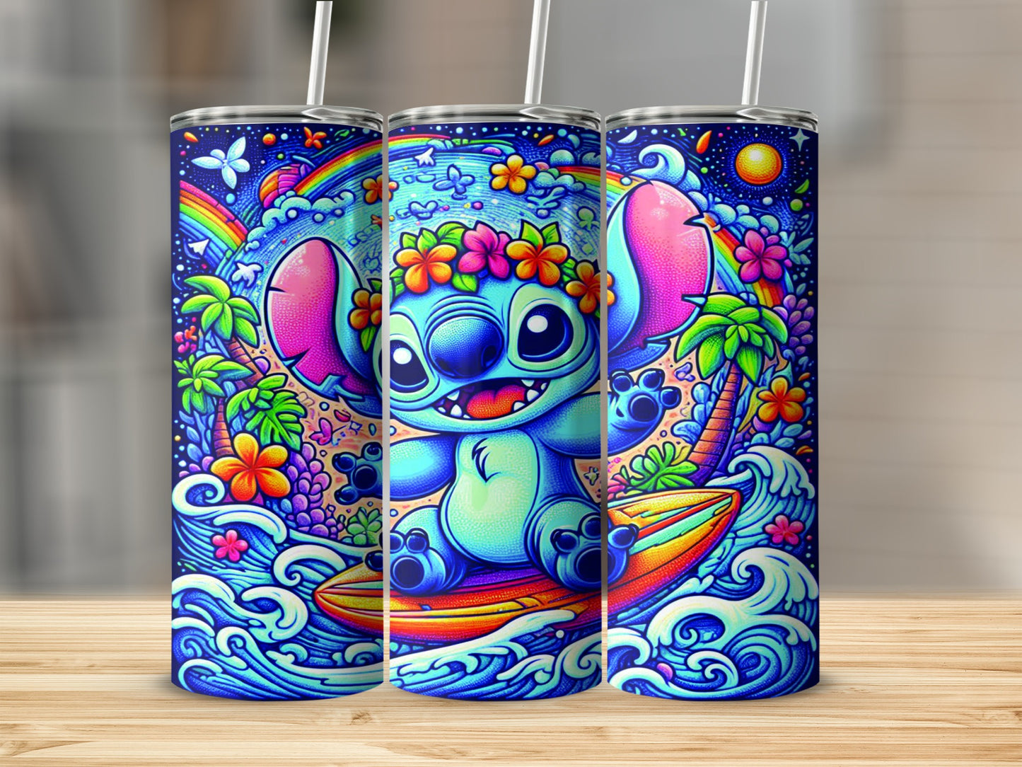 Stitch surfing on a rainbow wave with tropical foliage and stars.