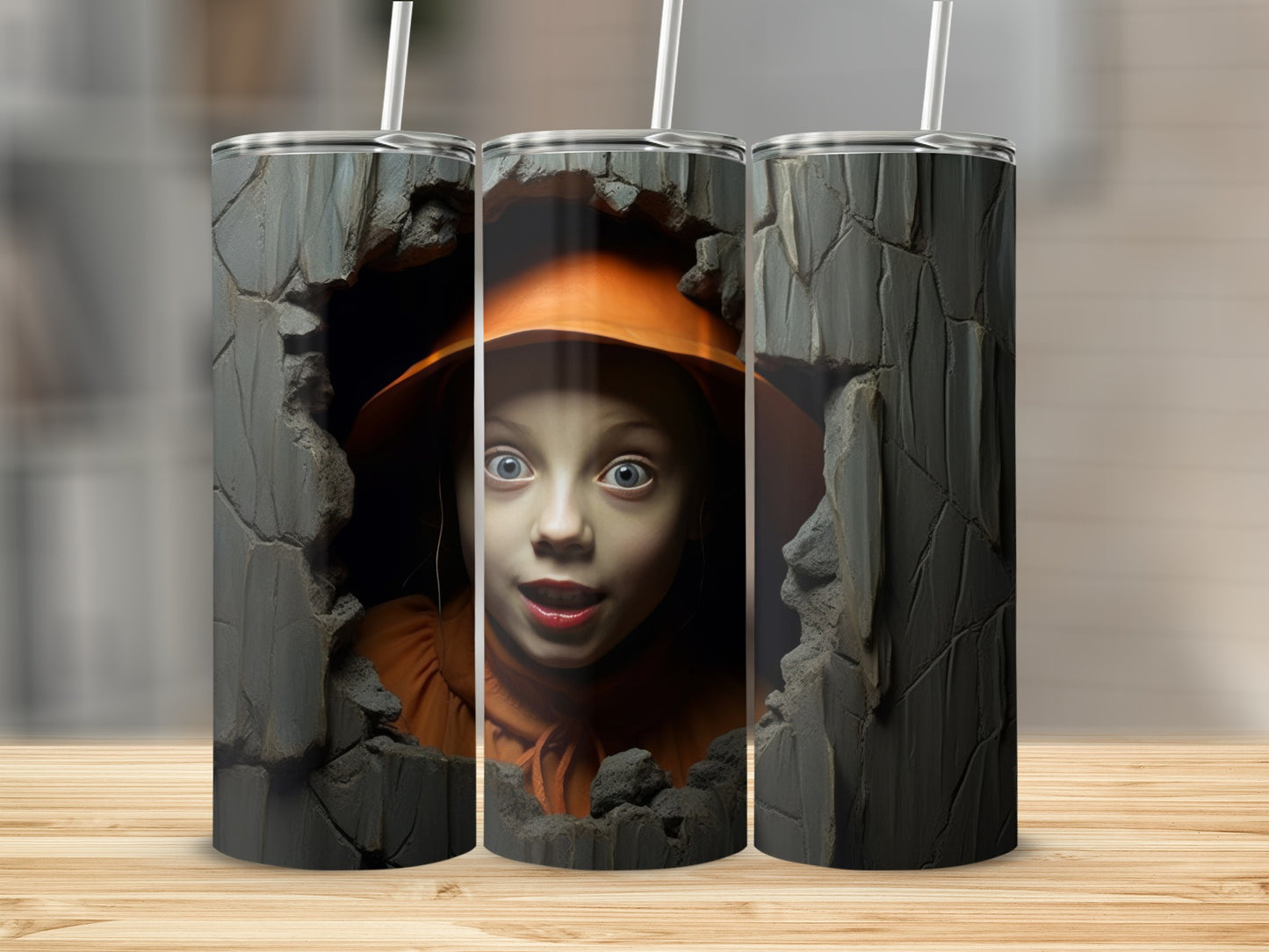 Surprised child with wide eyes and orange hat peeking through a cracked rock wall.