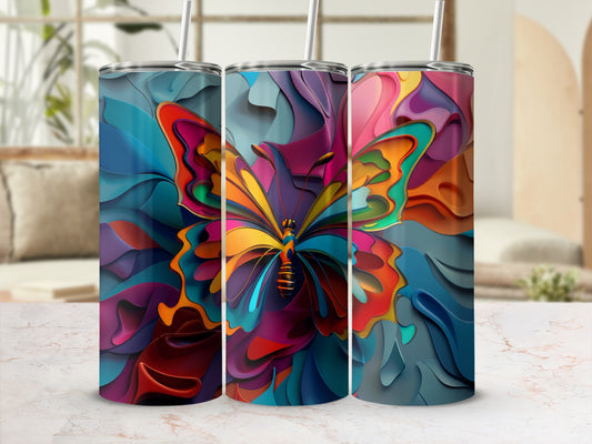 Three tall tumblers with colorful, abstract butterfly designs.