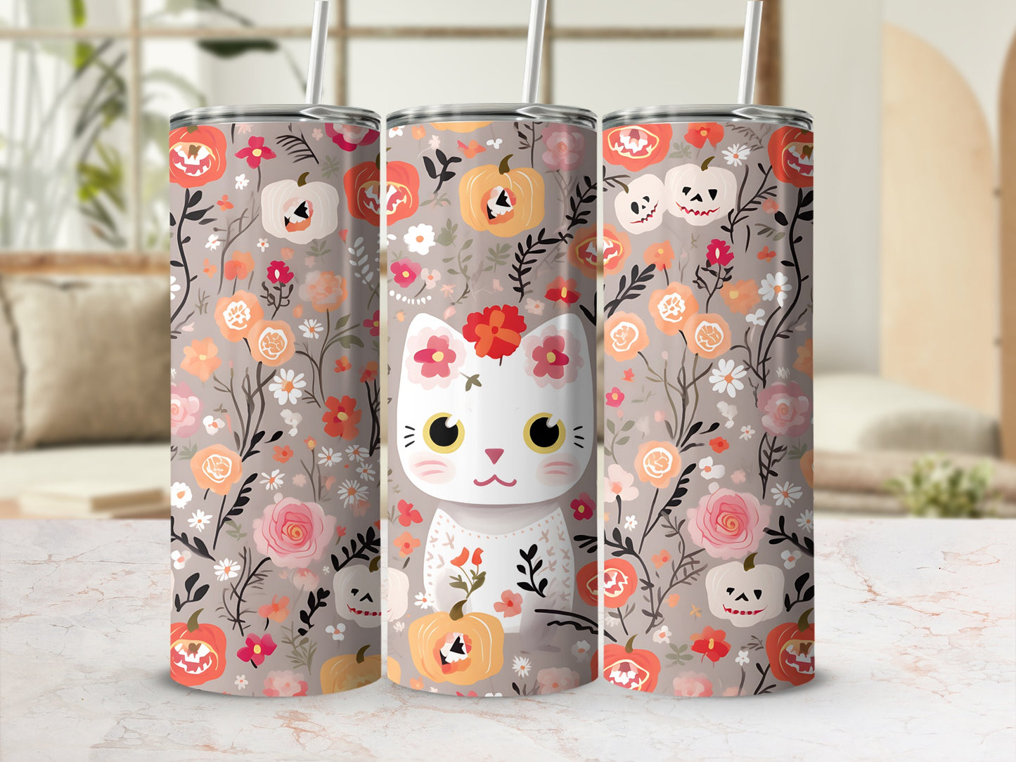 Three tumblers with a floral and pumpkin cat pattern.