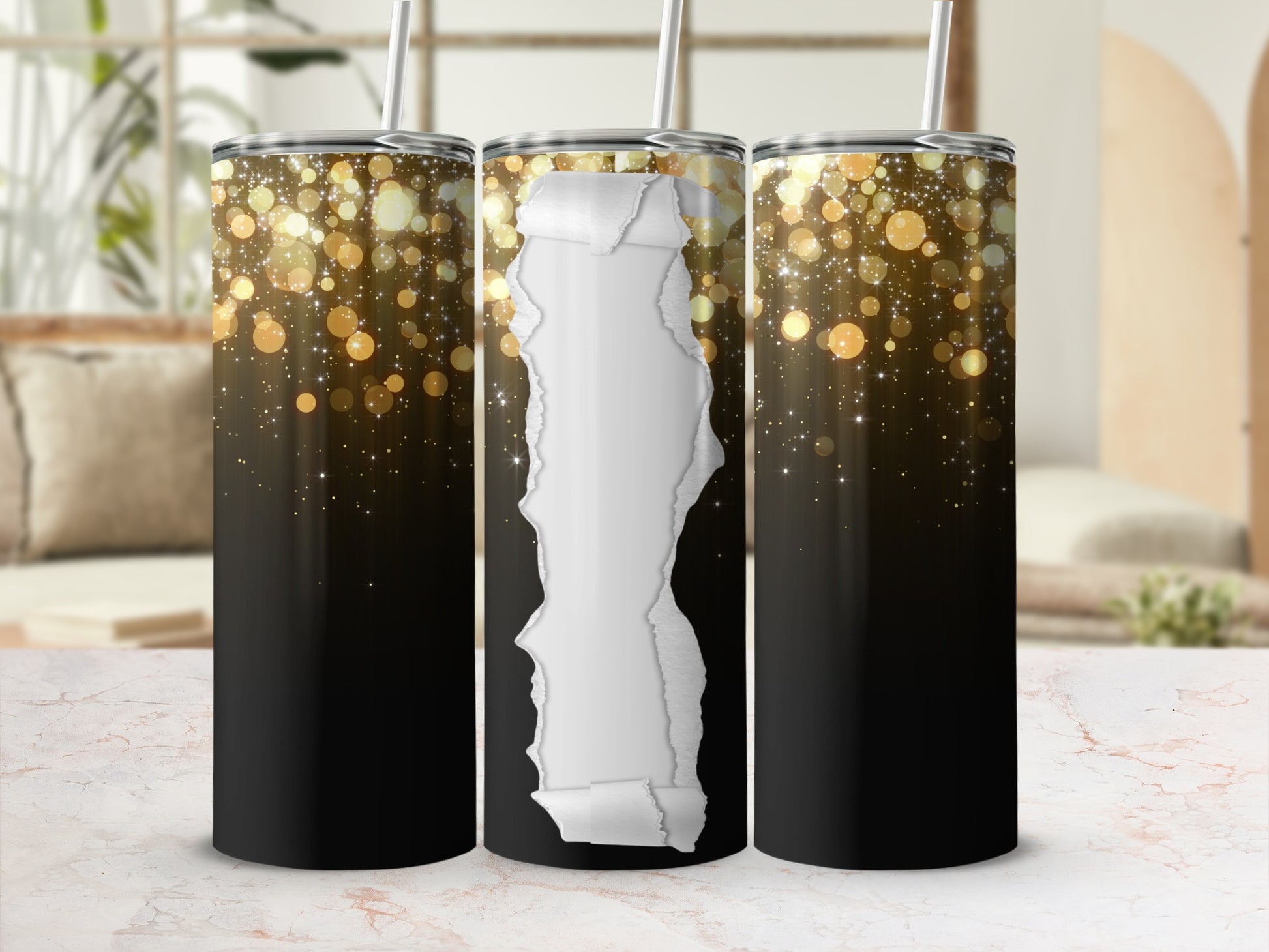 Three black tumblers with torn paper overlay and bokeh lights background.
