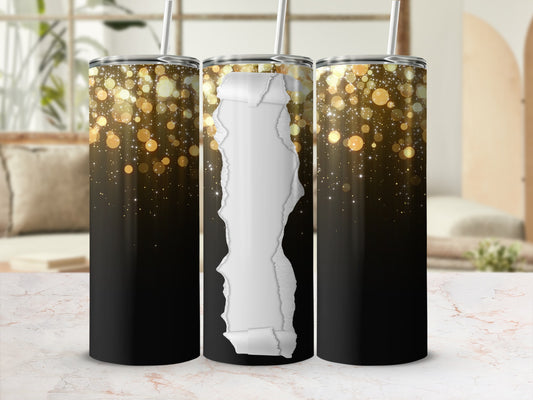 Three black tumblers with torn paper overlay and bokeh lights background.