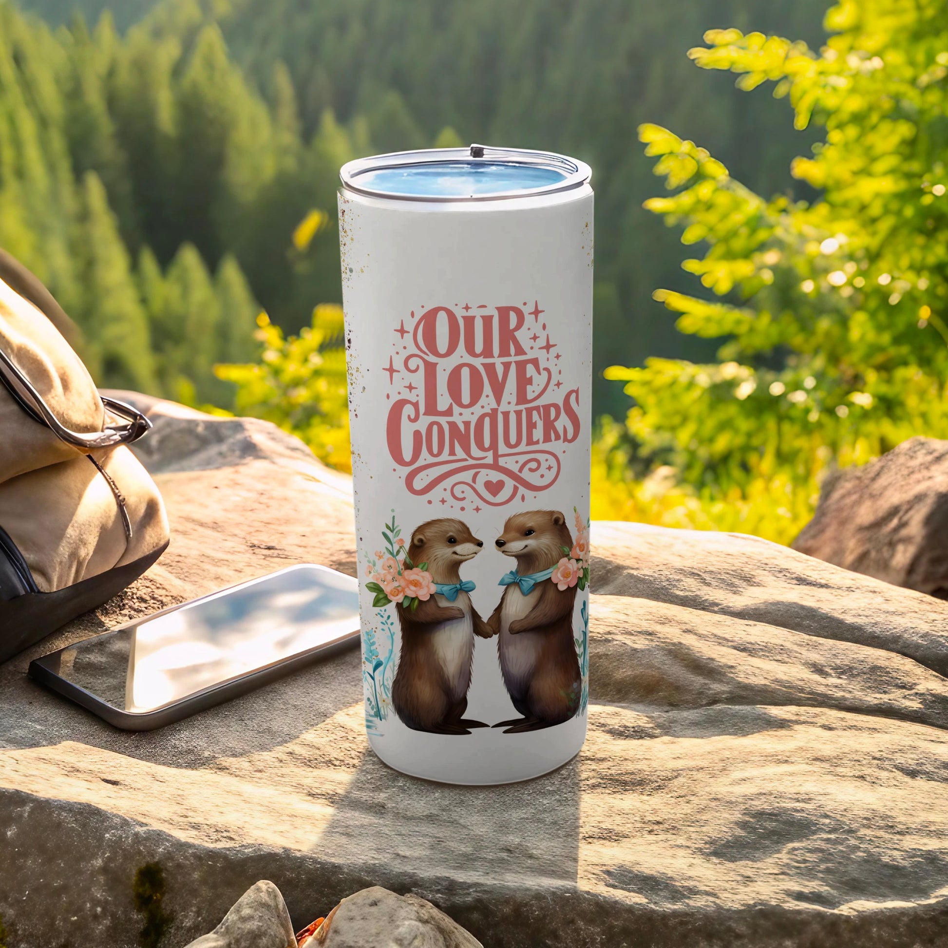 Our Love Conquers Cute Otters Design Tumbler Cup