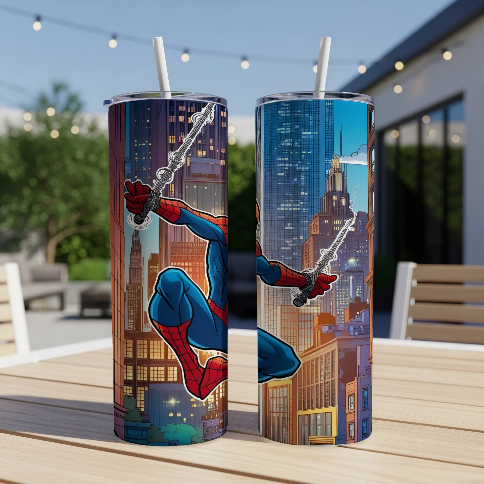 Two Spider-Man tumblers featuring cityscape and superhero design.